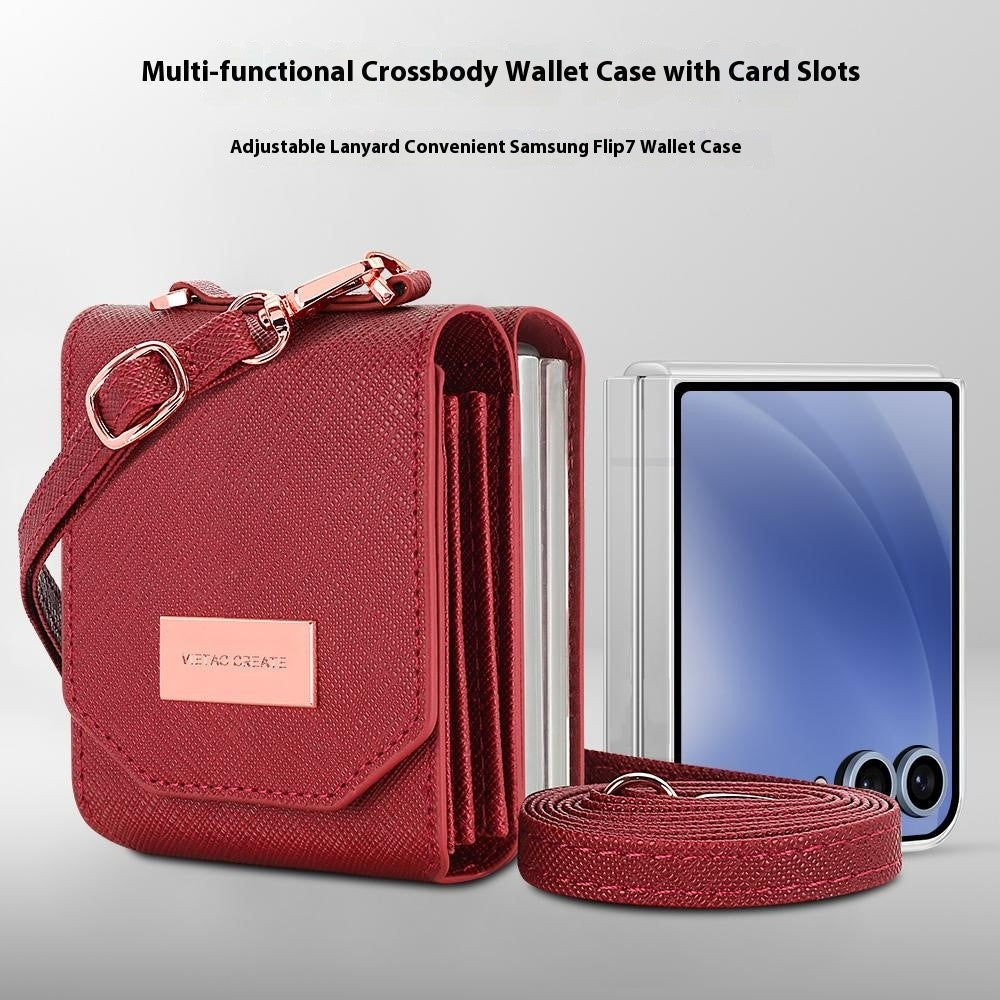 For Samsung Galaxy Z Flip7 5G Case Card Bag Kickstand PU Leather PC Phone Cover with Strap - Red