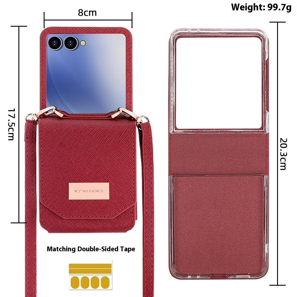 For Samsung Galaxy Z Flip7 5G Case Card Bag Kickstand PU Leather PC Phone Cover with Strap - Red