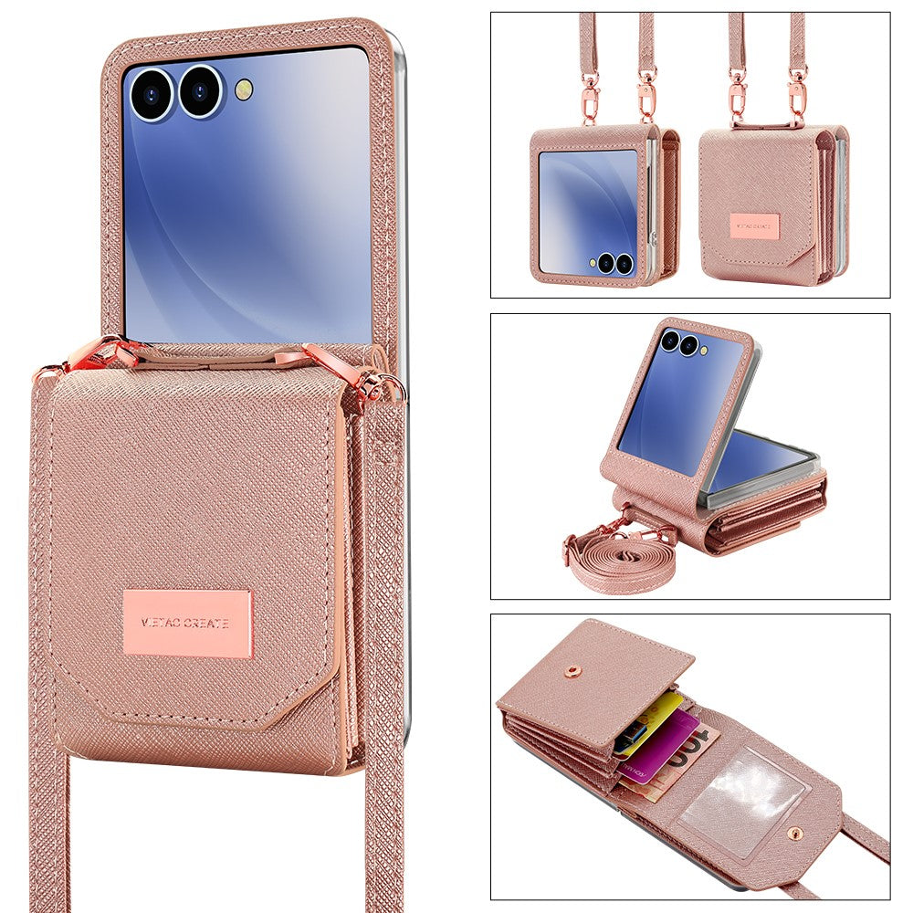 For Samsung Galaxy Z Flip7 5G Case Card Bag Kickstand PU Leather PC Phone Cover with Strap - Rose Gold