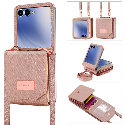 For Samsung Galaxy Z Flip7 5G Case Card Bag Kickstand PU Leather PC Phone Cover with Strap - Rose Gold