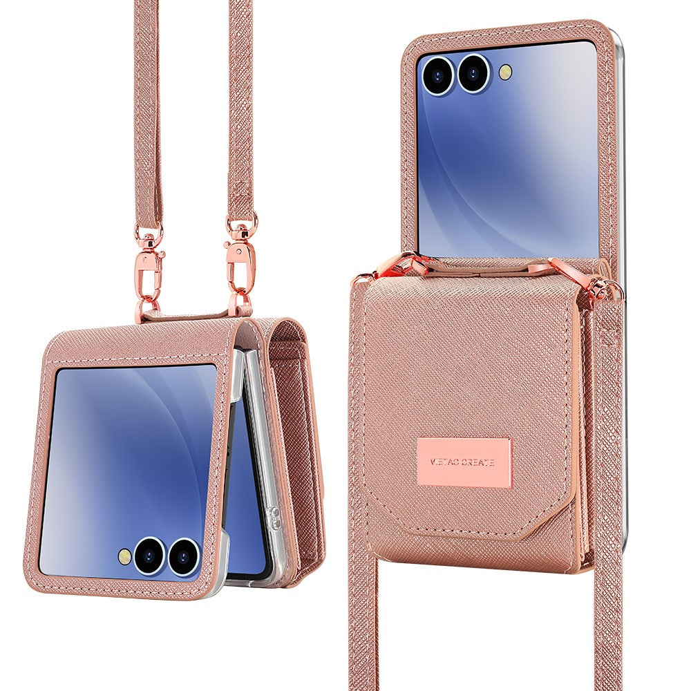 For Samsung Galaxy Z Flip7 5G Case Card Bag Kickstand PU Leather PC Phone Cover with Strap - Rose Gold
