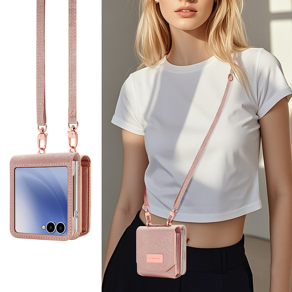 For Samsung Galaxy Z Flip7 5G Case Card Bag Kickstand PU Leather PC Phone Cover with Strap - Rose Gold