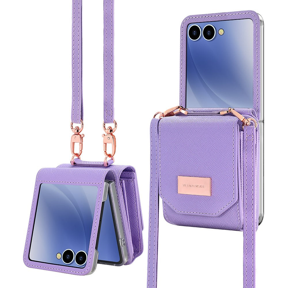For Samsung Galaxy Z Flip7 5G Case Card Bag Kickstand PU Leather PC Phone Cover with Strap - Purple