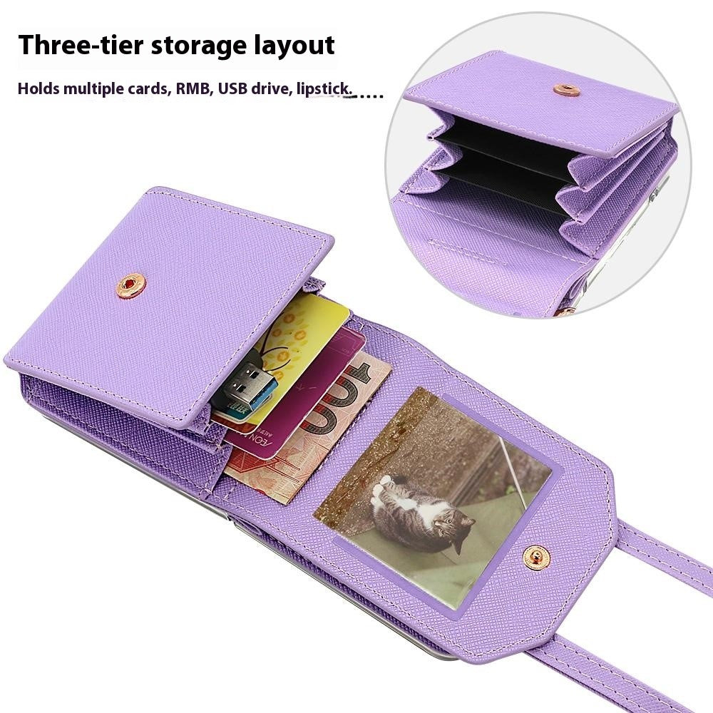 For Samsung Galaxy Z Flip7 5G Case Card Bag Kickstand PU Leather PC Phone Cover with Strap - Purple