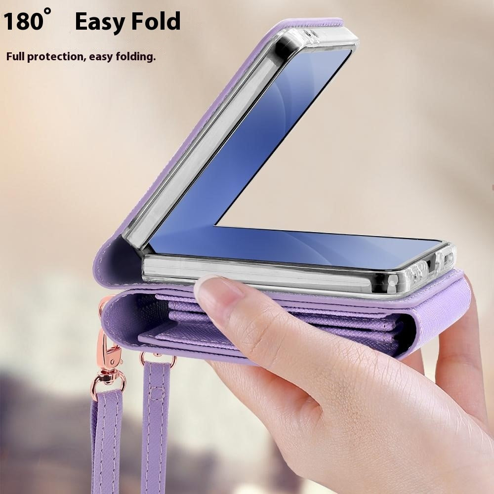 For Samsung Galaxy Z Flip7 5G Case Card Bag Kickstand PU Leather PC Phone Cover with Strap - Purple