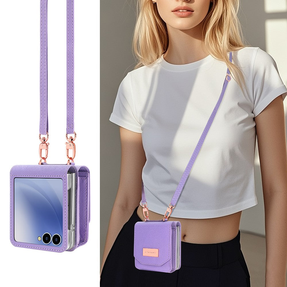 For Samsung Galaxy Z Flip7 5G Case Card Bag Kickstand PU Leather PC Phone Cover with Strap - Purple