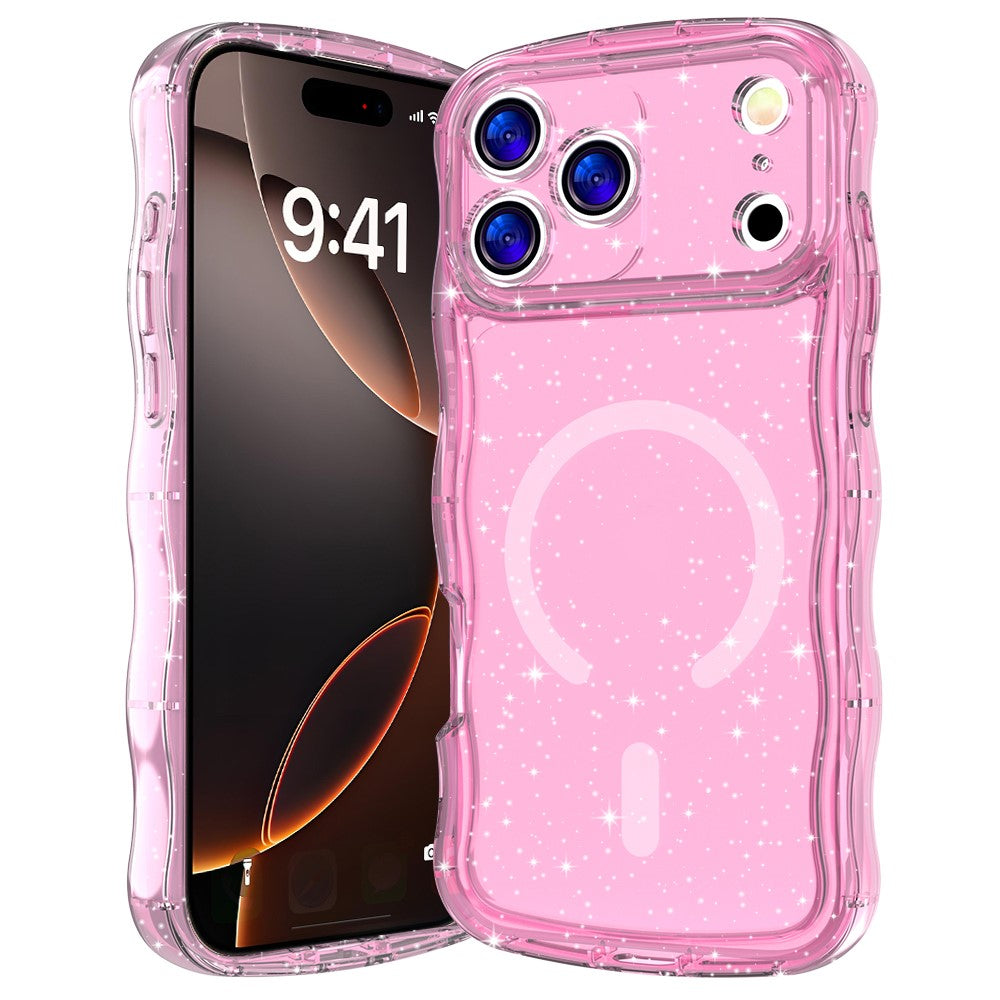 For iPhone 17 Pro Max Magnetic Case Wave Edge Glitter TPU Phone Back Cover - Transparent Pink