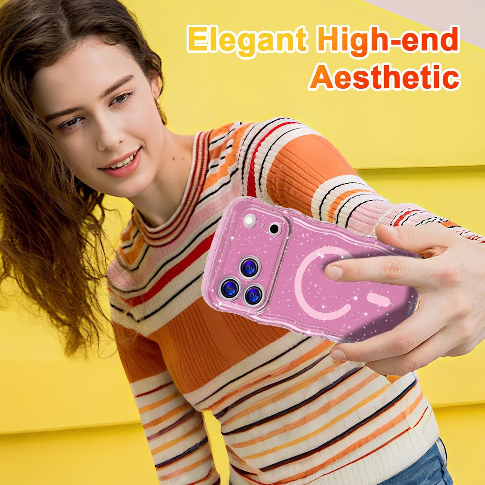 For iPhone 17 Pro Max Magnetic Case Wave Edge Glitter TPU Phone Back Cover - Transparent Pink