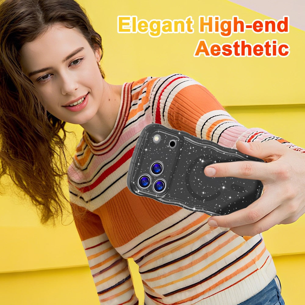 For iPhone 17 Pro Max Magnetic Case Wave Edge Glitter TPU Phone Back Cover - Transparent Black