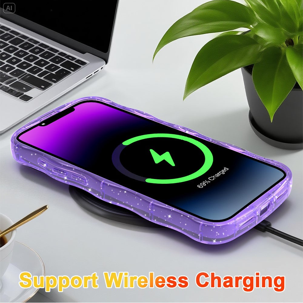 For iPhone 17 Pro Max Magnetic Case Wave Edge Glitter TPU Phone Back Cover - Transparent Purple