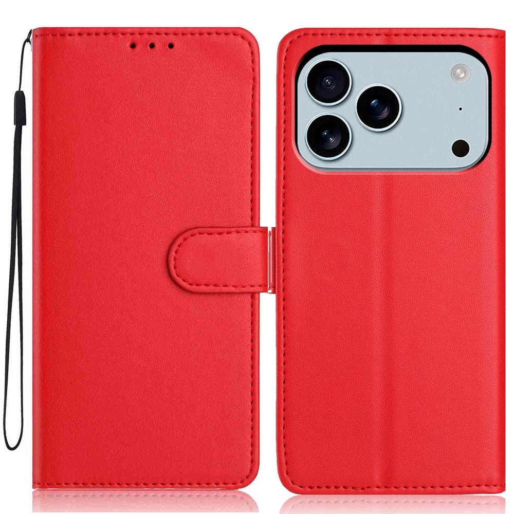 For iPhone 17 Pro Max Wallet Case with Strap / Multiple Card Slots Solid Color Leather Stand Phone Cover - Red