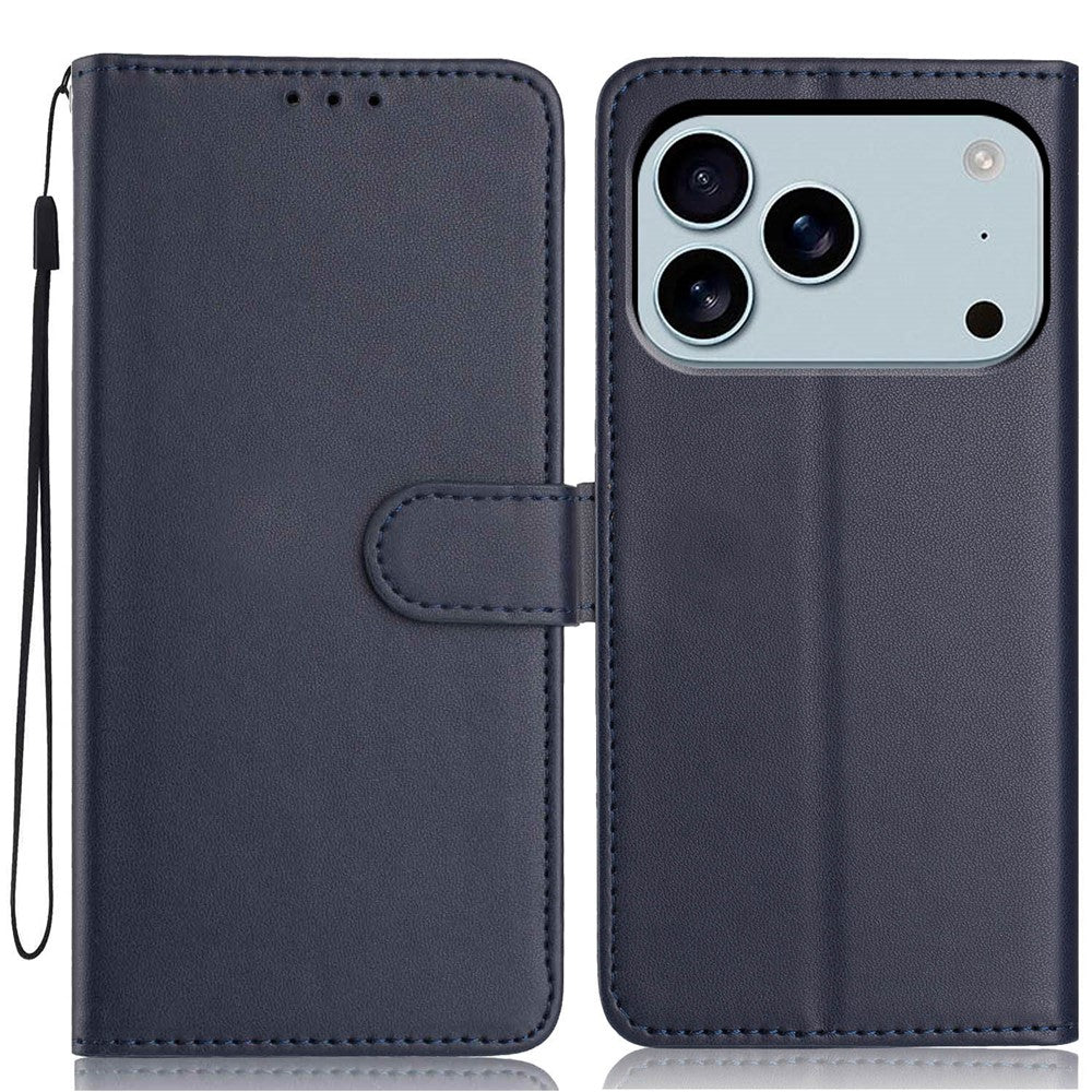 For iPhone 17 Pro Max Wallet Case with Strap / Multiple Card Slots Solid Color Leather Stand Phone Cover - Blue