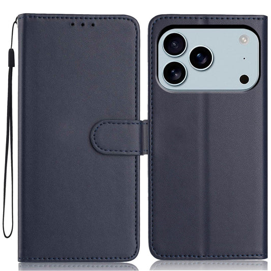For iPhone 17 Pro Max Wallet Case with Strap / Multiple Card Slots Solid Color Leather Stand Phone Cover - Blue