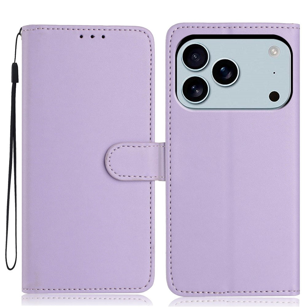 For iPhone 17 Pro Max Wallet Case with Strap / Multiple Card Slots Solid Color Leather Stand Phone Cover - Purple