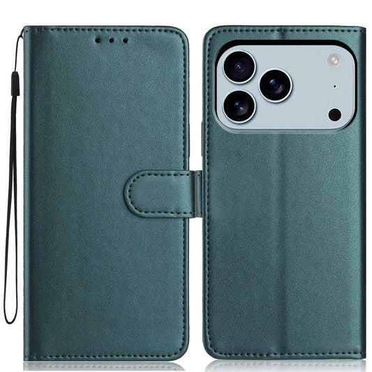 For iPhone 17 Pro Max Wallet Case with Strap / Multiple Card Slots Solid Color Leather Stand Phone Cover - Blackish Green
