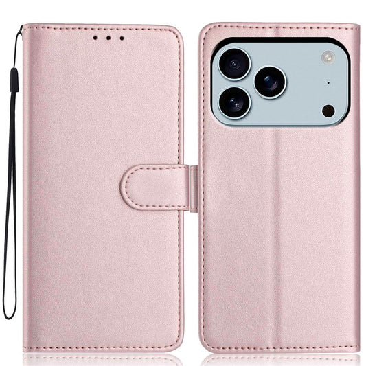 For iPhone 17 Pro Max Wallet Case with Strap / Multiple Card Slots Solid Color Leather Stand Phone Cover - Rose Gold