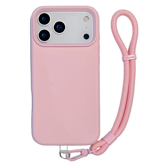 For iPhone 17 Pro Max Case Soft Microfiber Lining Liquid Silicone + PC Phone Cover with Wrist Strap - Pink