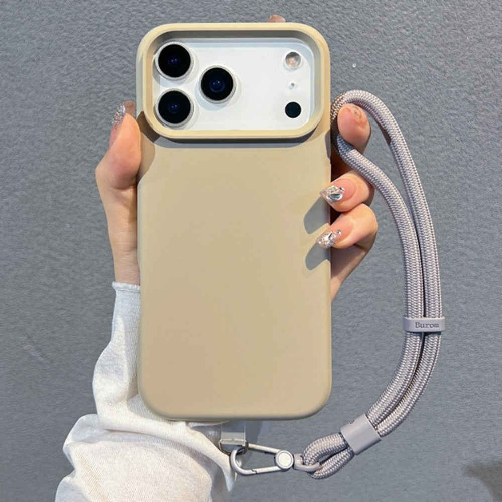 For iPhone 17 Pro Max Case Soft Microfiber Lining Liquid Silicone + PC Phone Cover with Wrist Strap - Grey