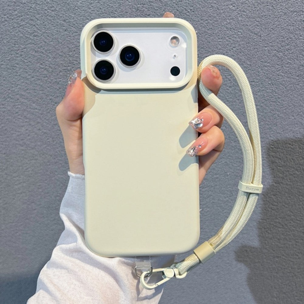 For iPhone 17 Pro Max Case Soft Microfiber Lining Liquid Silicone + PC Phone Cover with Wrist Strap - Antique White