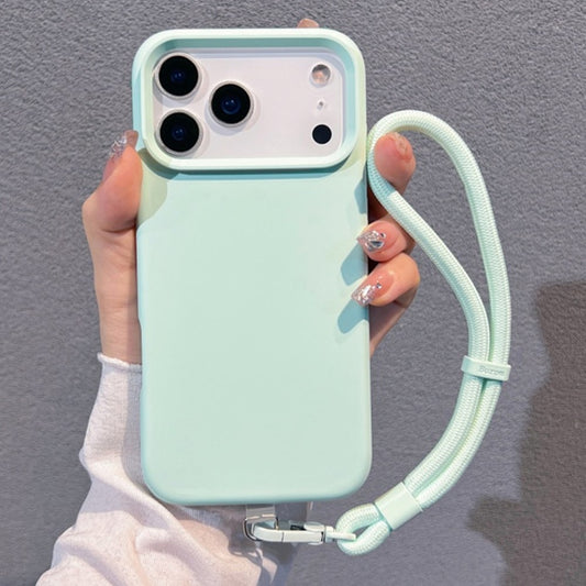 For iPhone 17 Pro Max Case Soft Microfiber Lining Liquid Silicone + PC Phone Cover with Wrist Strap - Light Green