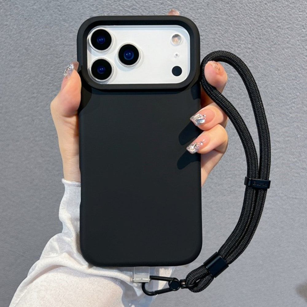 For iPhone 17 Pro Max Case Soft Microfiber Lining Liquid Silicone + PC Phone Cover with Wrist Strap - Black