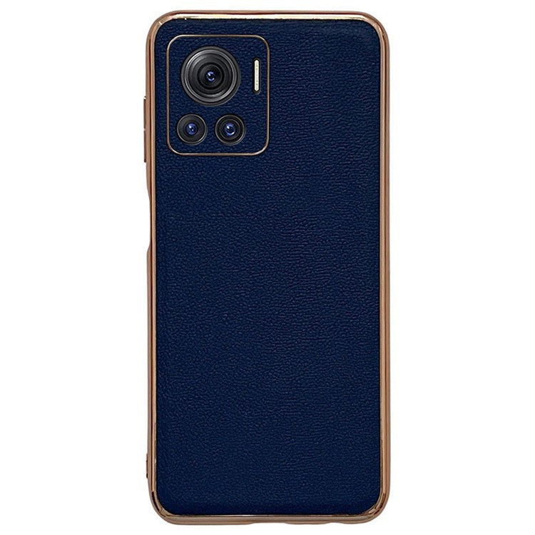 Luolai Series For Motorola Moto X30 Pro 5G / Edge 30 Ultra 5G Electroplating Phone Case Genuine Leather Coated PC+TPU Hybrid Protective Cover - Blue