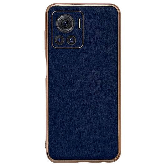 Luolai Series For Motorola Moto X30 Pro 5G / Edge 30 Ultra 5G Electroplating Phone Case Genuine Leather Coated PC+TPU Hybrid Protective Cover - Blue