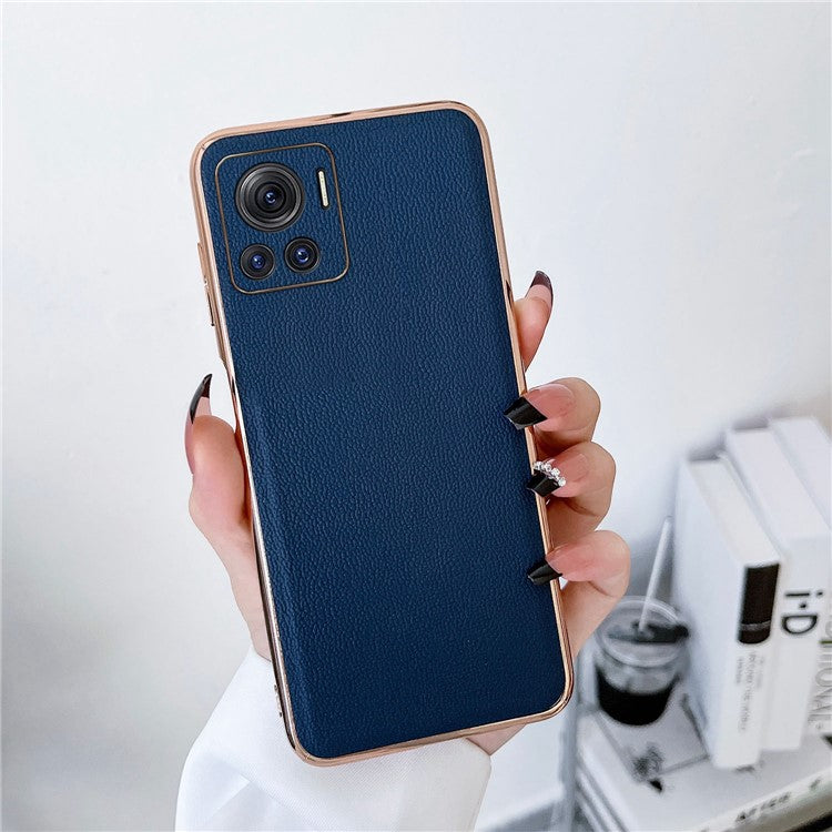 Luolai Series For Motorola Moto X30 Pro 5G / Edge 30 Ultra 5G Electroplating Phone Case Genuine Leather Coated PC+TPU Hybrid Protective Cover - Blue