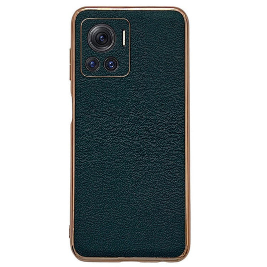 Luolai Series For Motorola Moto X30 Pro 5G / Edge 30 Ultra 5G Electroplating Phone Case Genuine Leather Coated PC+TPU Hybrid Protective Cover - Midnight Green