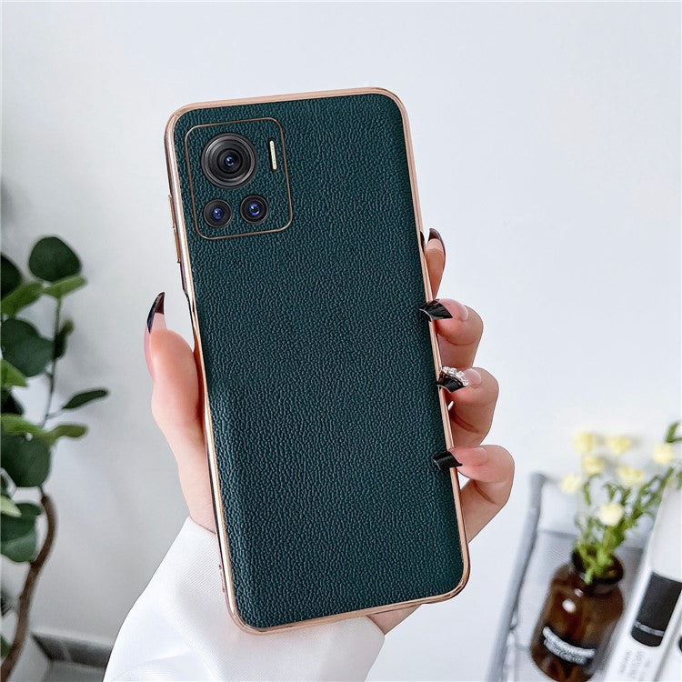 Luolai Series For Motorola Moto X30 Pro 5G / Edge 30 Ultra 5G Electroplating Phone Case Genuine Leather Coated PC+TPU Hybrid Protective Cover - Midnight Green