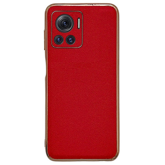 Luolai Series For Motorola Moto X30 Pro 5G / Edge 30 Ultra 5G Electroplating Phone Case Genuine Leather Coated PC+TPU Hybrid Protective Cover - Red