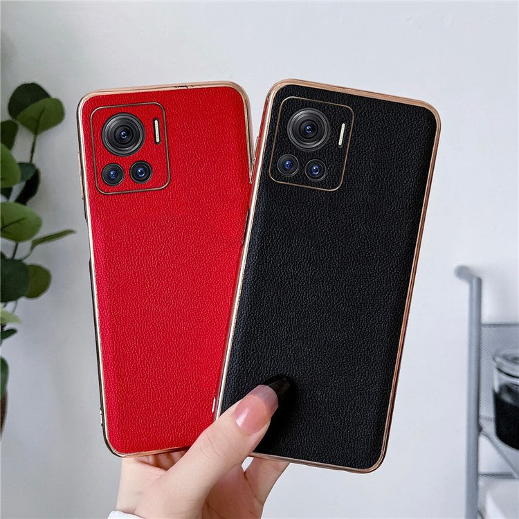 Luolai Series For Motorola Moto X30 Pro 5G / Edge 30 Ultra 5G Electroplating Phone Case Genuine Leather Coated PC+TPU Hybrid Protective Cover - Red