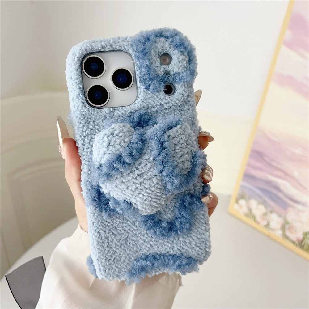 For iPhone 17 Pro Max Case 3D Heart Plush TPU Winter Warm Soft TPU Phone Cover - Blue