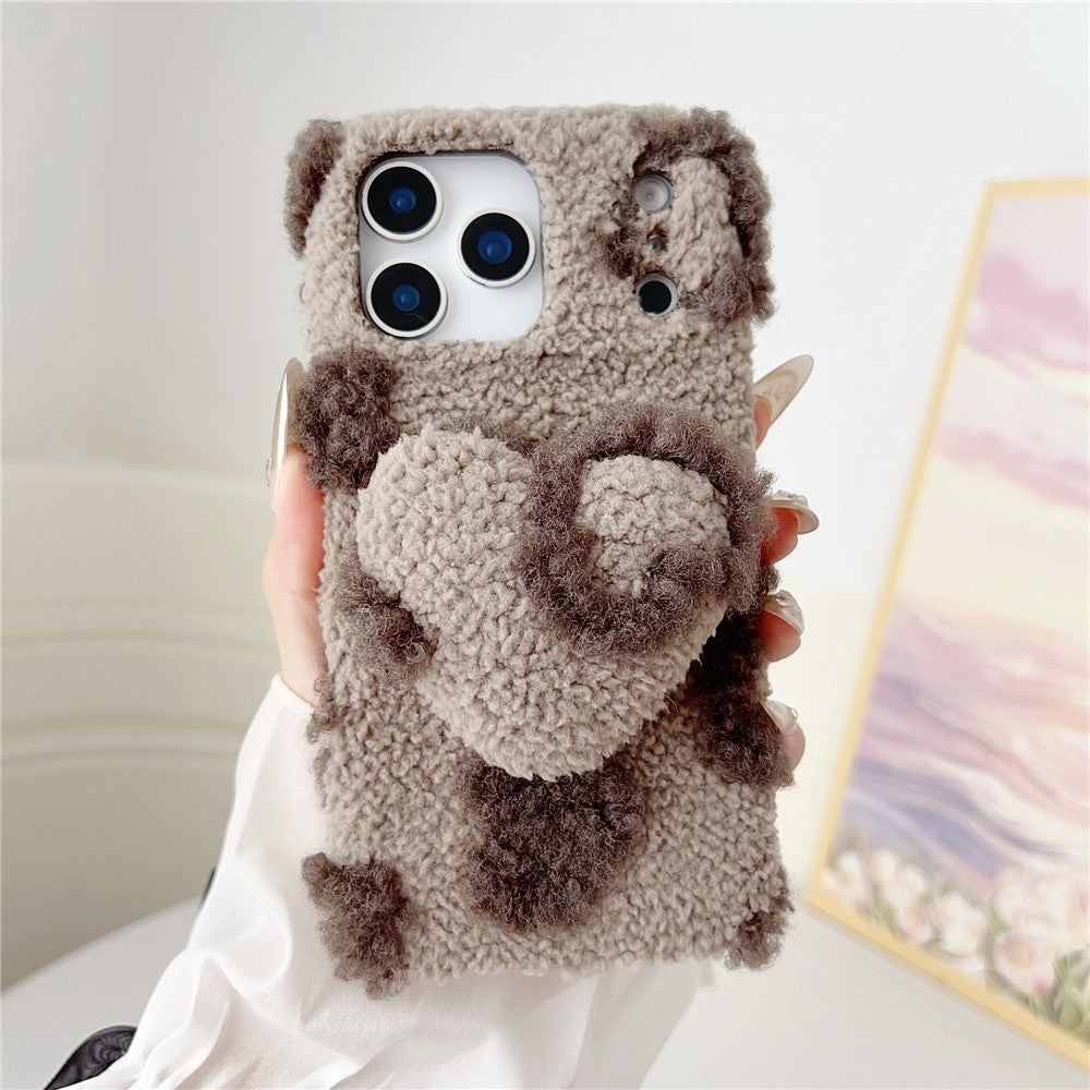 For iPhone 17 Pro Max Case 3D Heart Plush TPU Winter Warm Soft TPU Phone Cover - Brown