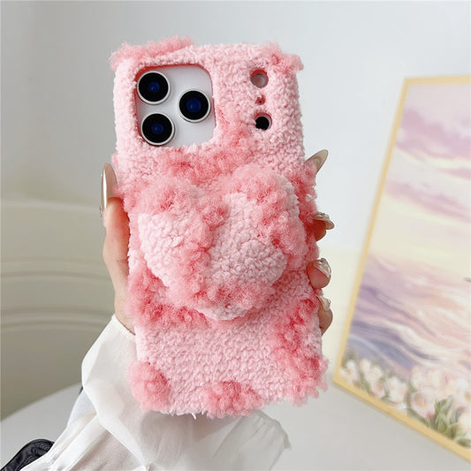 For iPhone 17 Pro Max Case 3D Heart Plush TPU Winter Warm Soft TPU Phone Cover - Pink