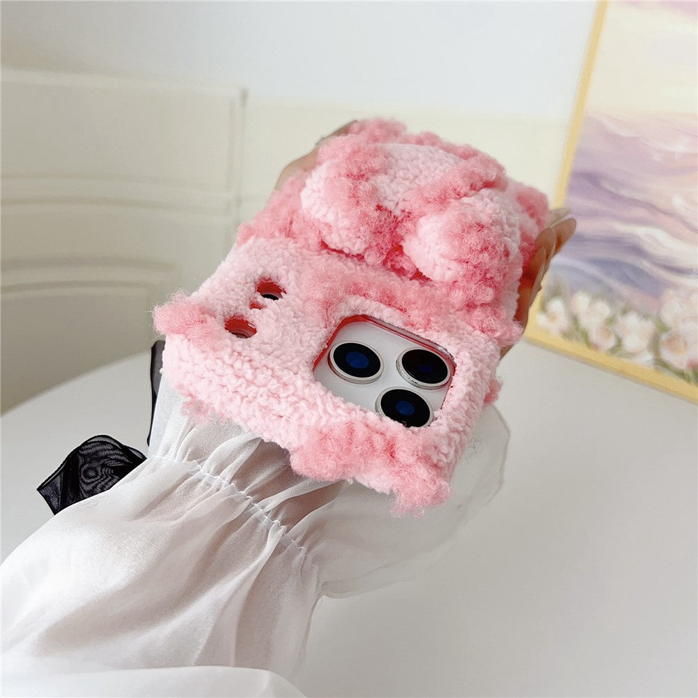 For iPhone 17 Pro Max Case 3D Heart Plush TPU Winter Warm Soft TPU Phone Cover - Pink