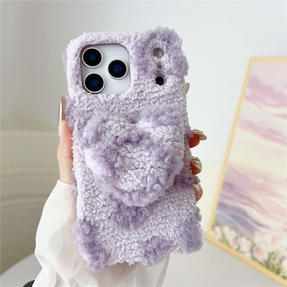 For iPhone 17 Pro Max Case 3D Heart Plush TPU Winter Warm Soft TPU Phone Cover - Purple