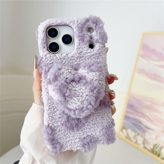 For iPhone 17 Pro Max Case 3D Heart Plush TPU Winter Warm Soft TPU Phone Cover - Purple