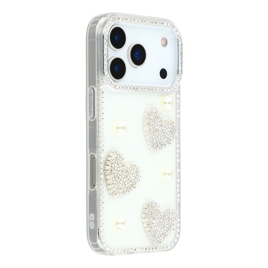 For iPhone 17 Pro Max Case Rhinestone Edge Pearl Love Decor TPU + PC IMD Phone Cover - Glitter White
