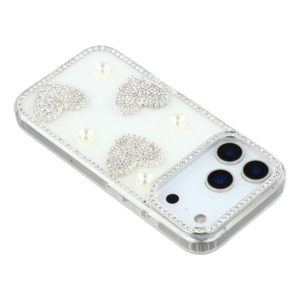 For iPhone 17 Pro Max Case Rhinestone Edge Pearl Love Decor TPU + PC IMD Phone Cover - Glitter White