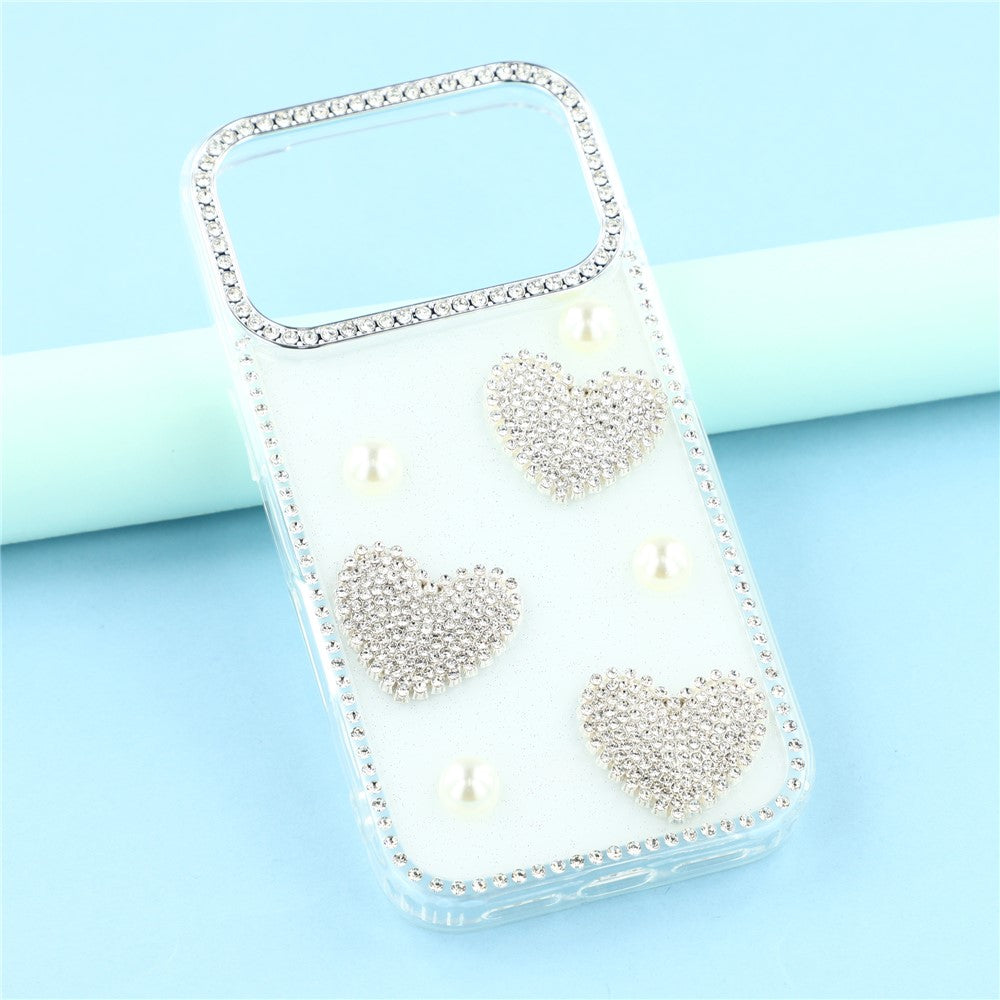 For iPhone 17 Pro Max Case Rhinestone Edge Pearl Love Decor TPU + PC IMD Phone Cover - Glitter White