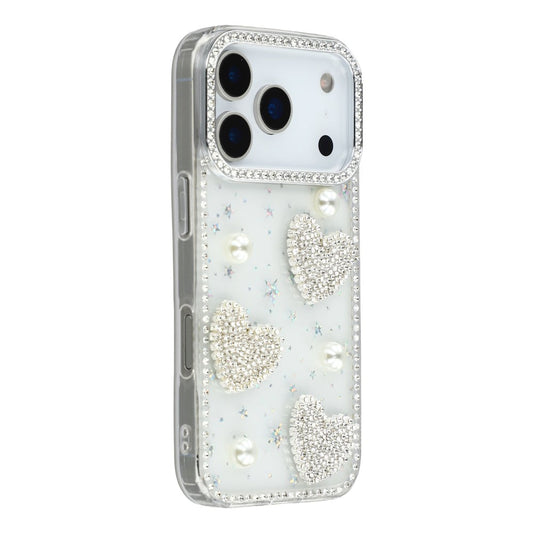 For iPhone 17 Pro Max Case Rhinestone Edge Pearl Love Decor TPU + PC IMD Phone Cover - Starry Transparent
