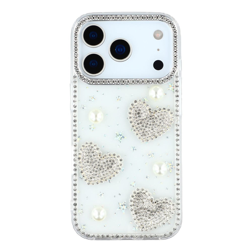 For iPhone 17 Pro Max Case Rhinestone Edge Pearl Love Decor TPU + PC IMD Phone Cover - Starry Transparent