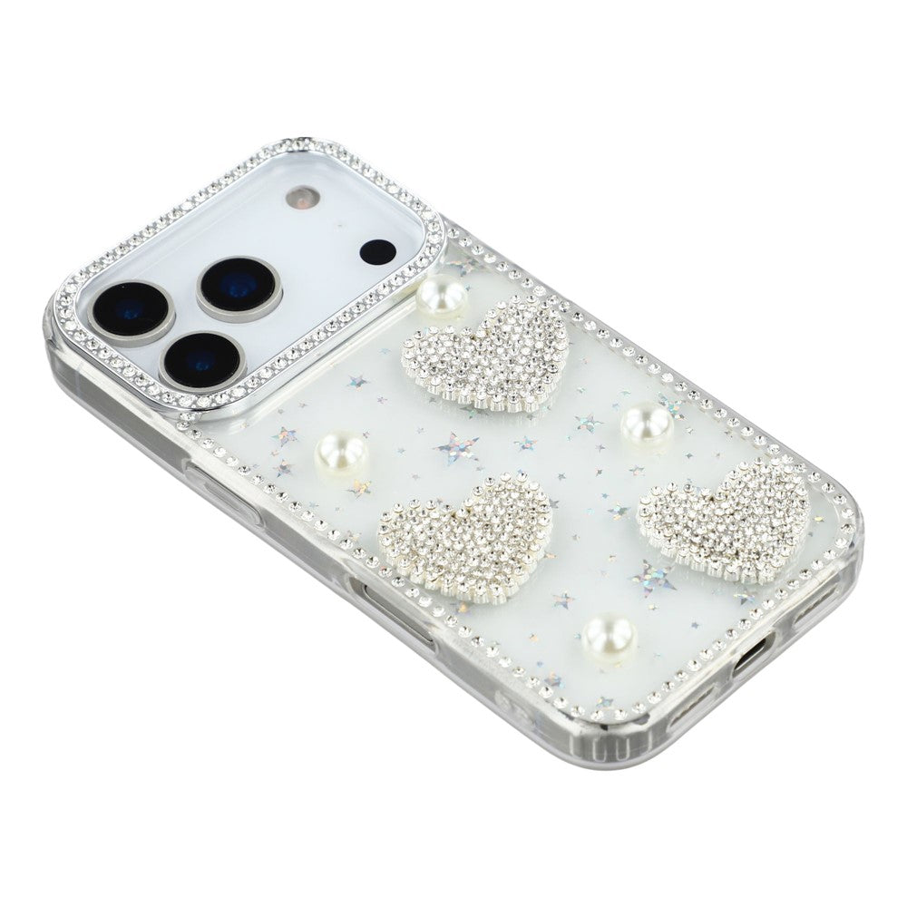 For iPhone 17 Pro Max Case Rhinestone Edge Pearl Love Decor TPU + PC IMD Phone Cover - Starry Transparent