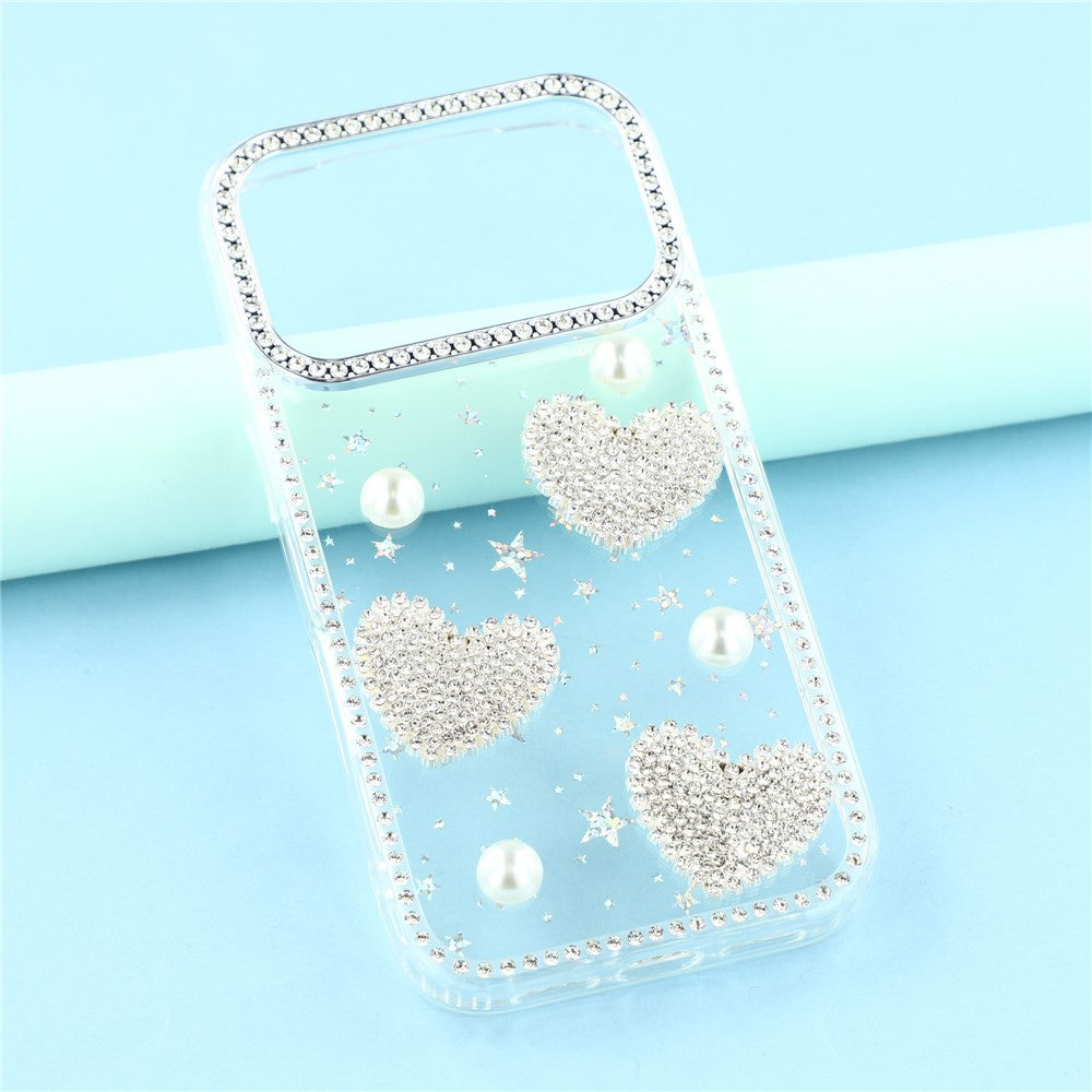 For iPhone 17 Pro Max Case Rhinestone Edge Pearl Love Decor TPU + PC IMD Phone Cover - Starry Transparent