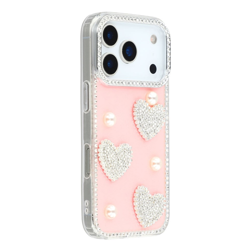 For iPhone 17 Pro Max Case Rhinestone Edge Pearl Love Decor TPU + PC IMD Phone Cover - Glitter Light Pink