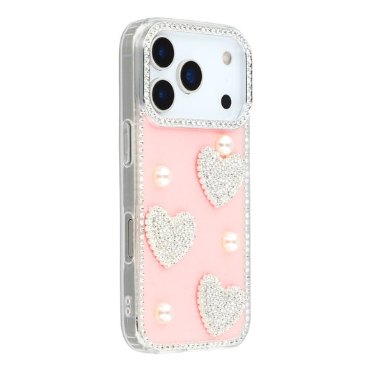 For iPhone 17 Pro Max Case Rhinestone Edge Pearl Love Decor TPU + PC IMD Phone Cover - Glitter Light Pink