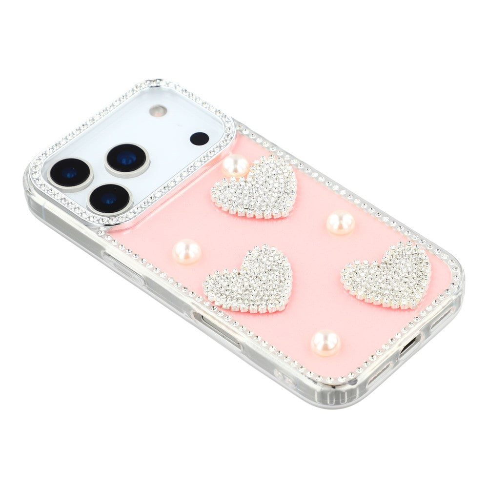For iPhone 17 Pro Max Case Rhinestone Edge Pearl Love Decor TPU + PC IMD Phone Cover - Glitter Light Pink