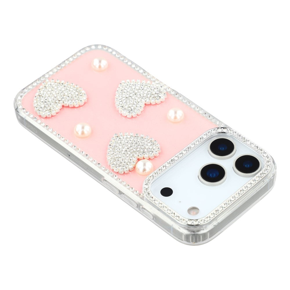 For iPhone 17 Pro Max Case Rhinestone Edge Pearl Love Decor TPU + PC IMD Phone Cover - Glitter Light Pink