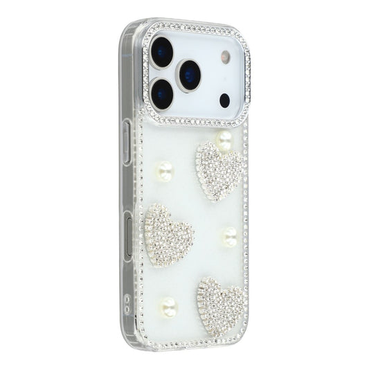 For iPhone 17 Pro Max Case Rhinestone Edge Pearl Love Decor TPU + PC IMD Phone Cover - Glitter Transparent